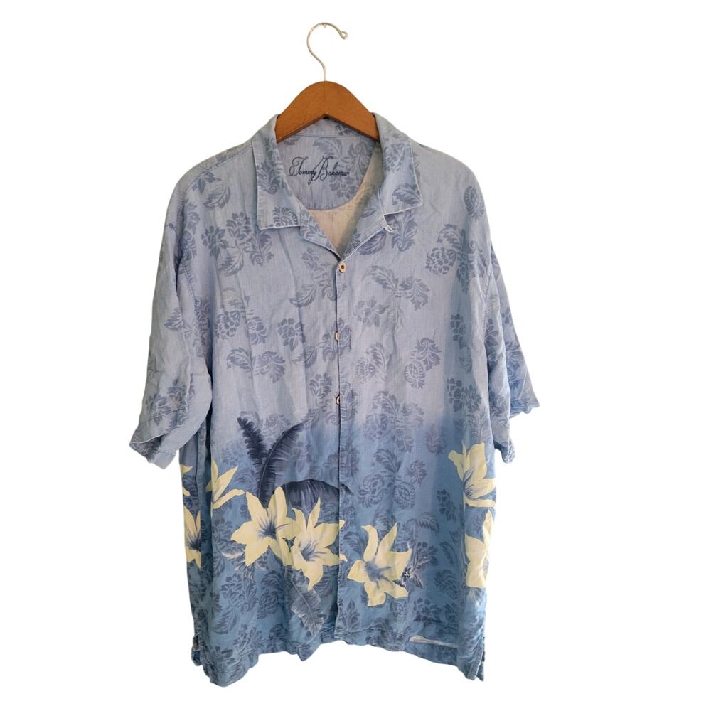 Tommy Bahama Mens Shirt 100% Silk XL Hibiscus Camp Hawaiian Tropical Blue EUC